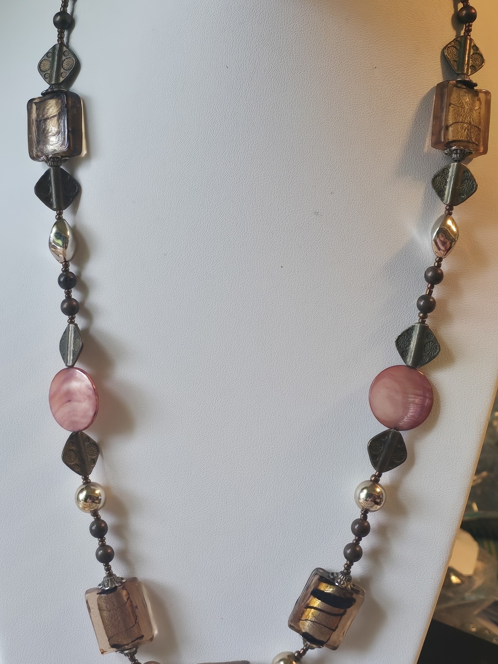 Long Pink and Brown Beaded Women’s Necklace
